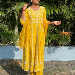 Rayon Anarkali suit with chikankari work with organza dupatta