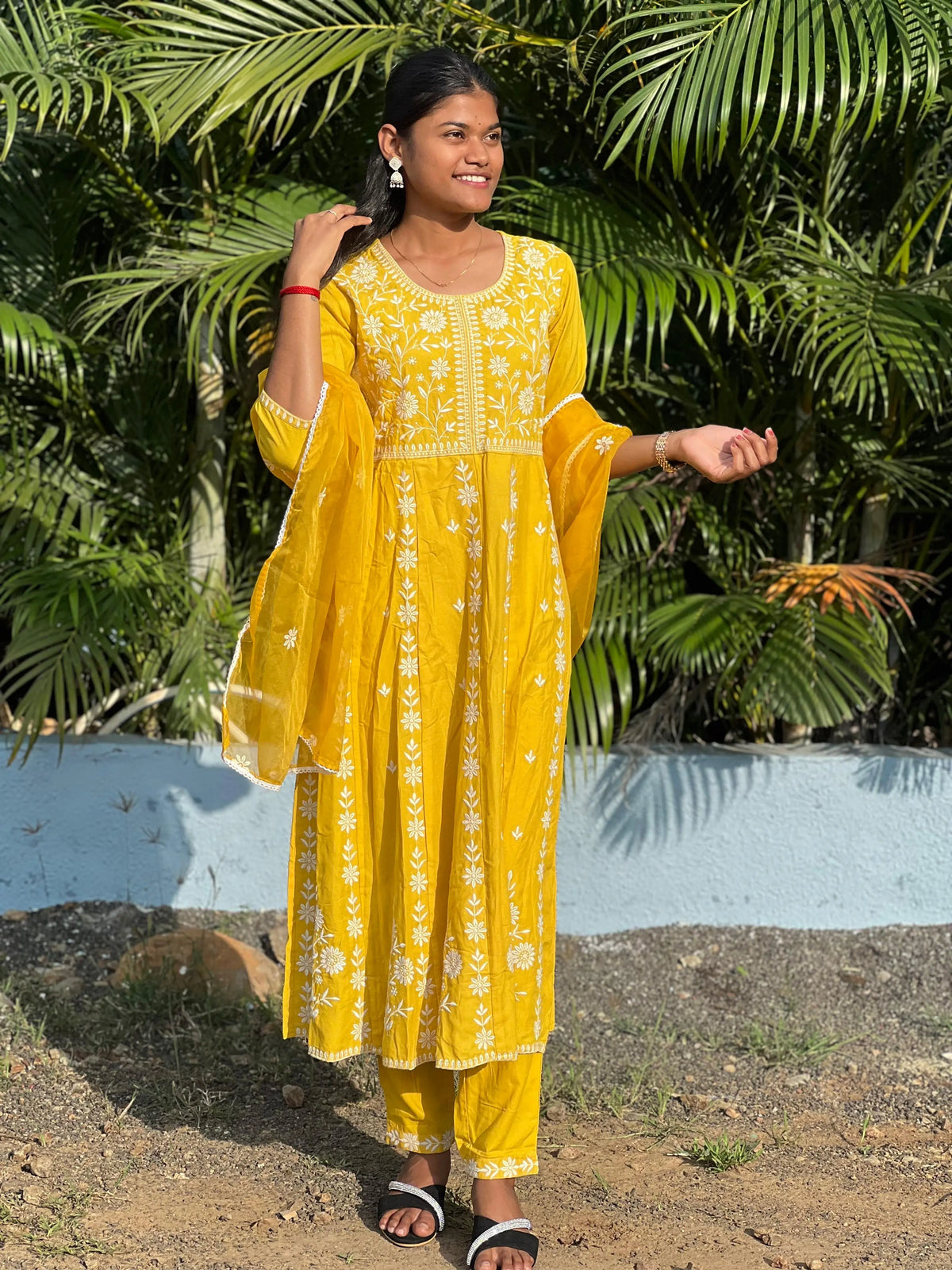 Rayon Anarkali suit with chikankari work with organza dupatta