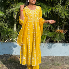 Rayon Anarkali suit with chikankari work with organza dupatta