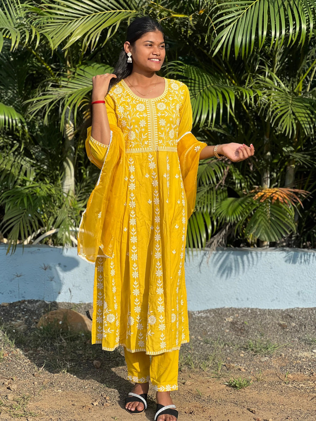 Rayon Anarkali suit with chikankari work with organza dupatta