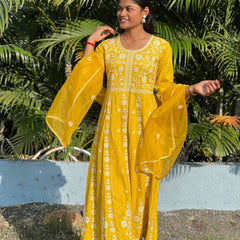 Rayon Anarkali suit with chikankari work with organza dupatta