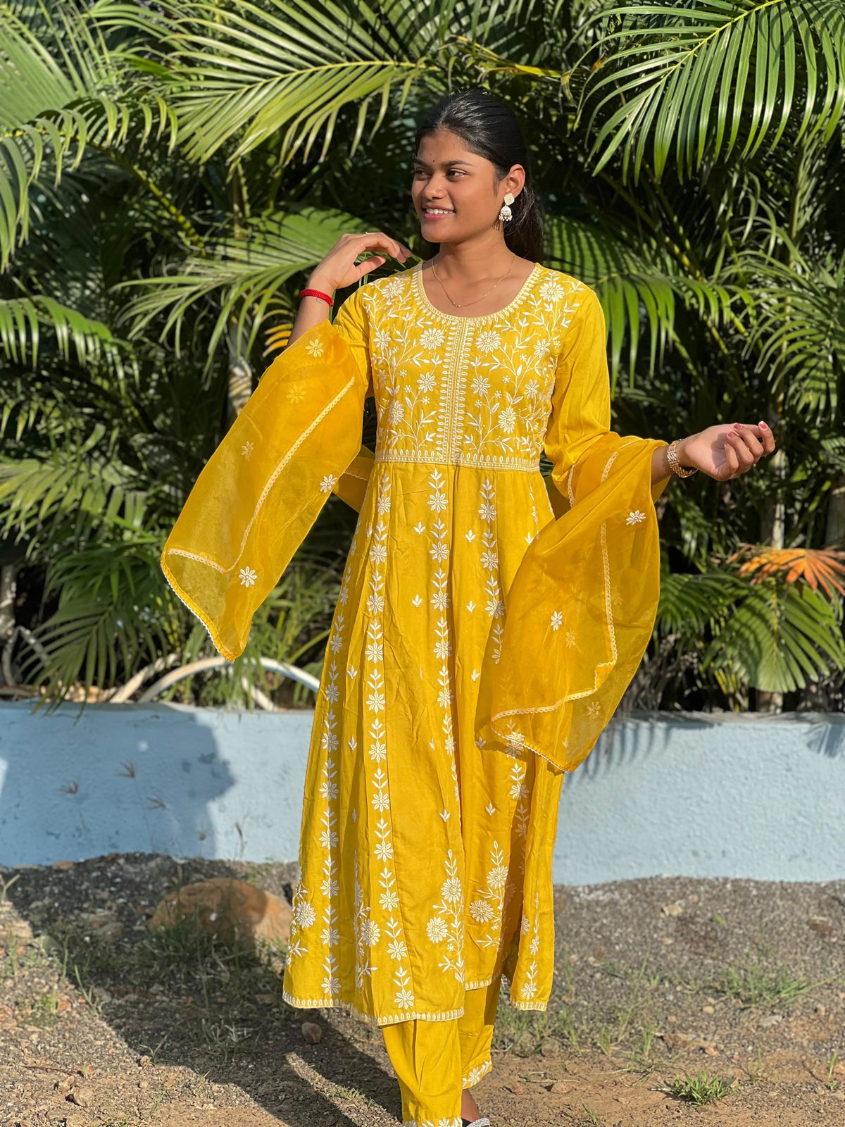 Rayon Anarkali suit with chikankari work with organza dupatta