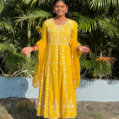 Rayon Anarkali suit with chikankari work with organza dupatta