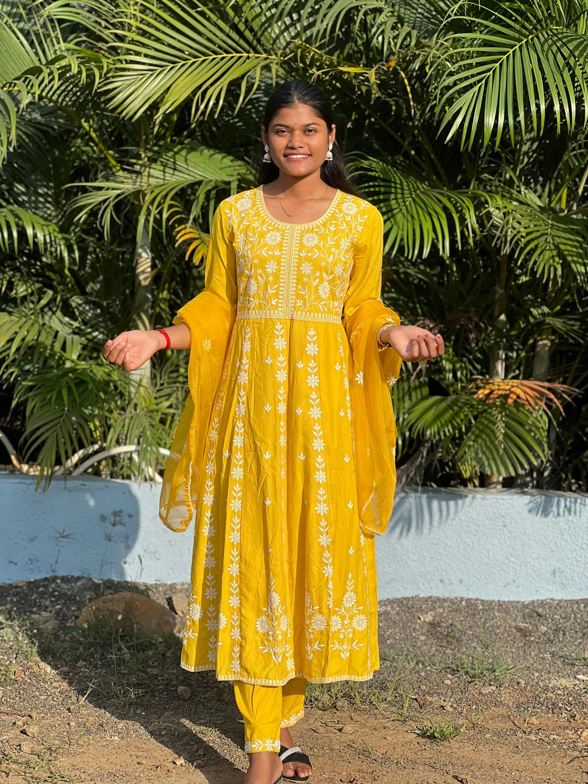 Rayon Anarkali suit with chikankari work with organza dupatta