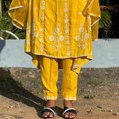 Rayon Anarkali suit with chikankari work with organza dupatta