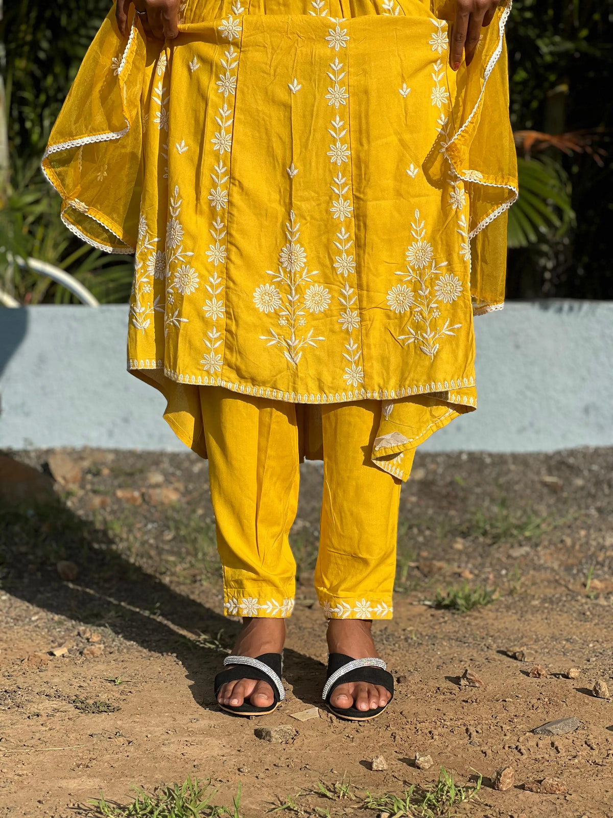 Rayon Anarkali suit with chikankari work with organza dupatta