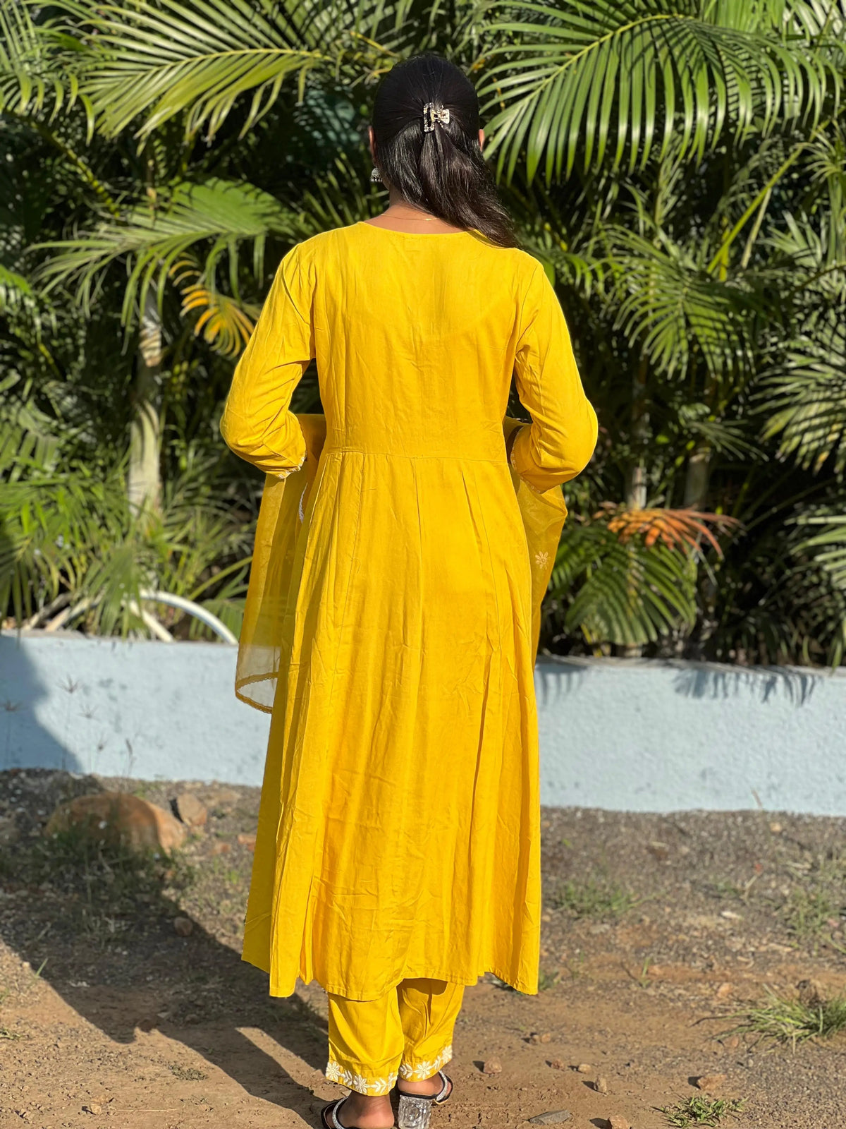 Rayon Anarkali suit with chikankari work with organza dupatta