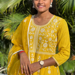 Rayon Anarkali suit with chikankari work with organza dupatta