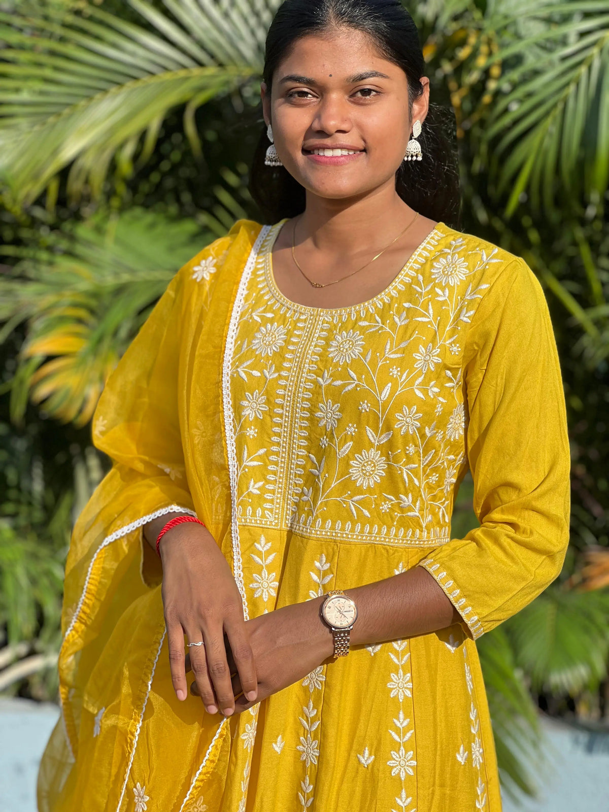 Rayon Anarkali suit with chikankari work with organza dupatta