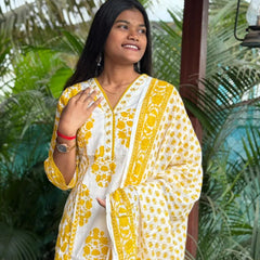 premium cotton with print straight kurta set (White and yellow color}
