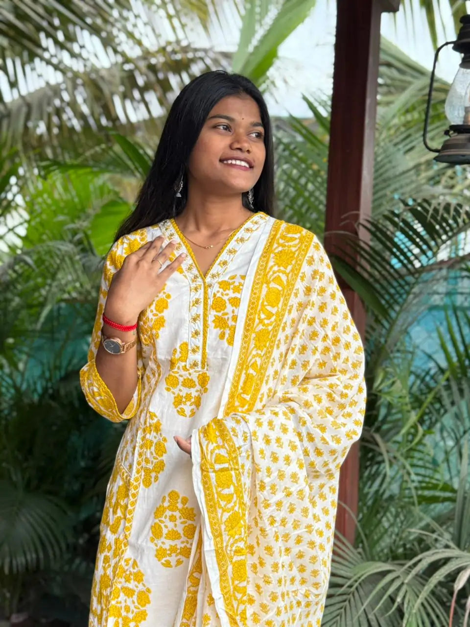 premium cotton with print straight kurta set (White and yellow color}