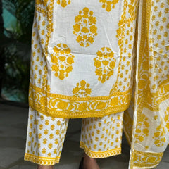 premium cotton with print straight kurta set (White and yellow color}