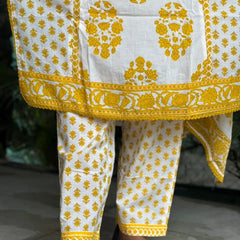 premium cotton with print straight kurta set (White and yellow color}