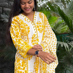premium cotton with print straight kurta set (White and yellow color}