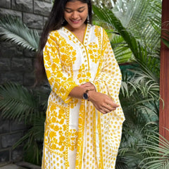 premium cotton with print straight kurta set (White and yellow color}