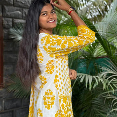 premium cotton with print straight kurta set (White and yellow color}
