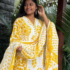 premium cotton with print straight kurta set (White and yellow color}