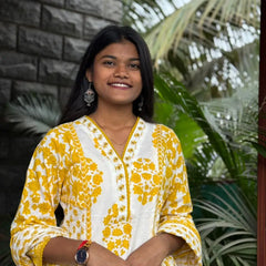 premium cotton with print straight kurta set (White and yellow color}