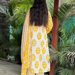 premium cotton with print straight kurta set (White and yellow color}