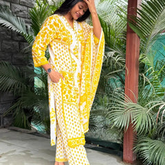 premium cotton with print straight kurta set (White and yellow color}