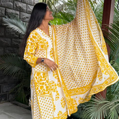 premium cotton with print straight kurta set (White and yellow color}