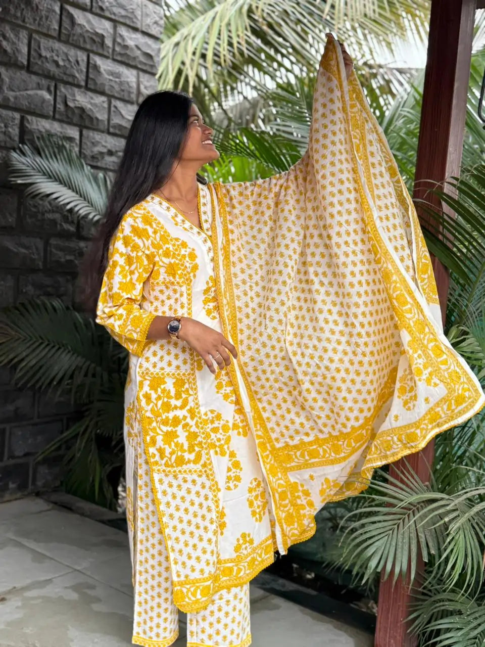 premium cotton with print straight kurta set (White and yellow color}
