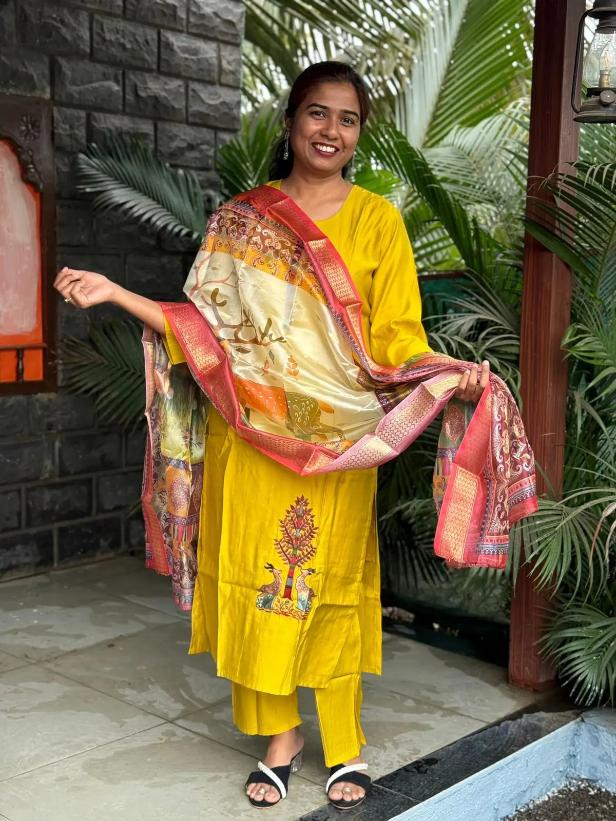 Muslin silk with embroidery straight kurta set with digital print dupatta