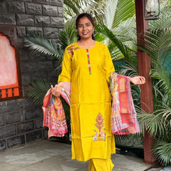 Muslin silk with embroidery straight kurta set with digital print dupatta