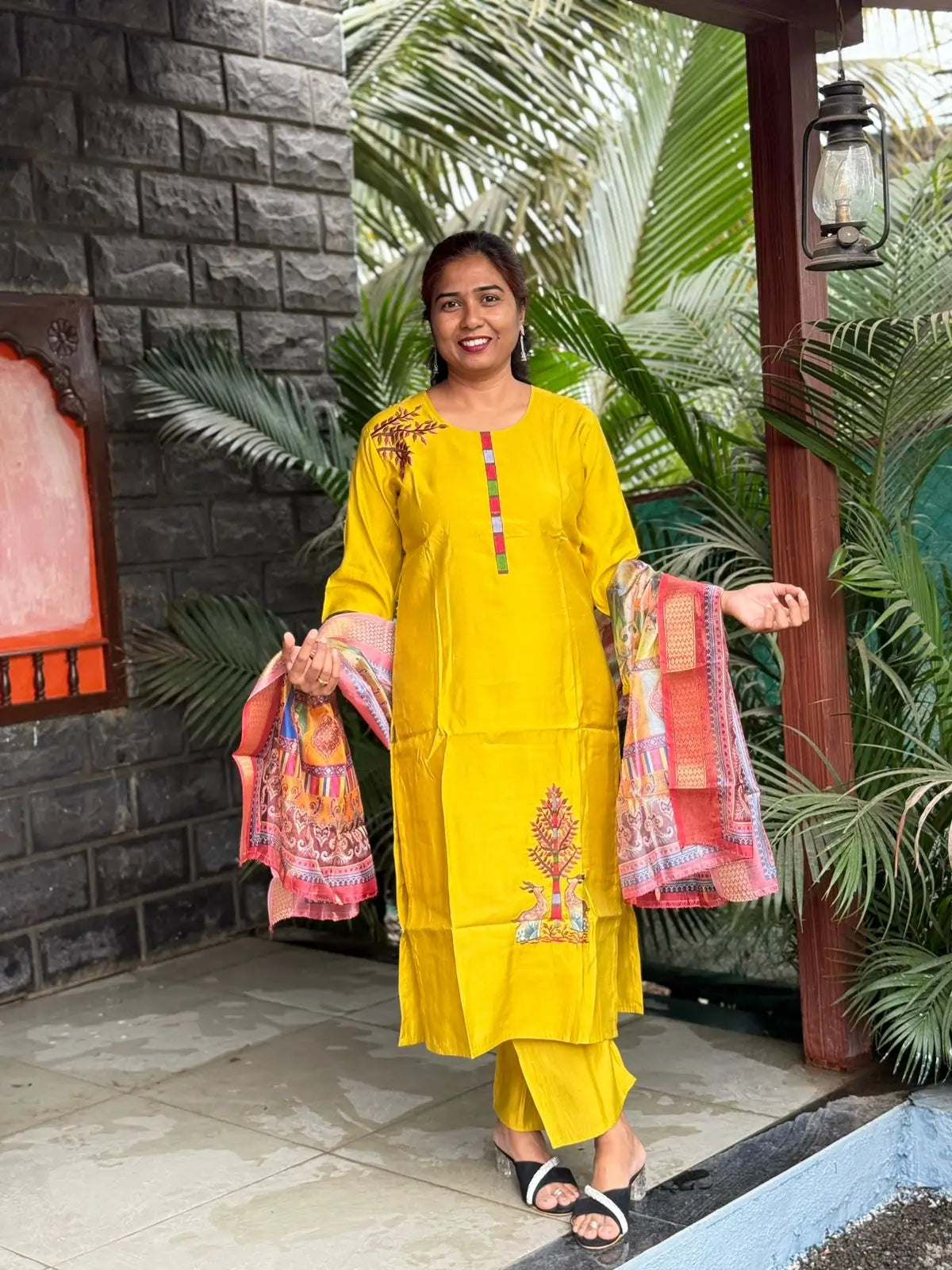 Muslin silk with embroidery straight kurta set with digital print dupatta