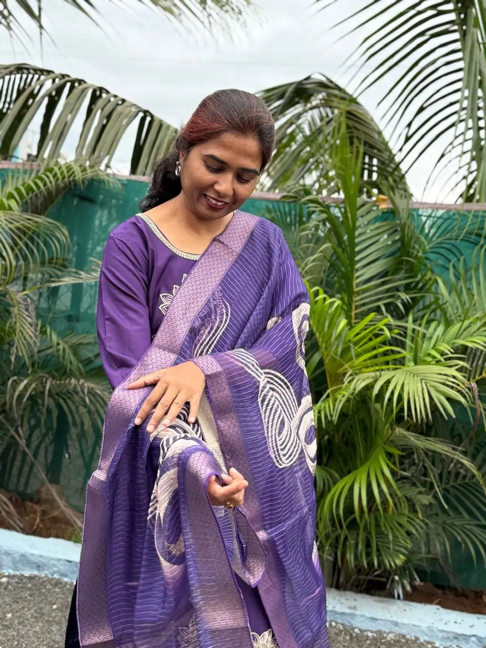 Purple color muslin silk straight kurta set with embroidery work