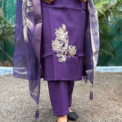 Purple color muslin silk straight kurta set with embroidery work