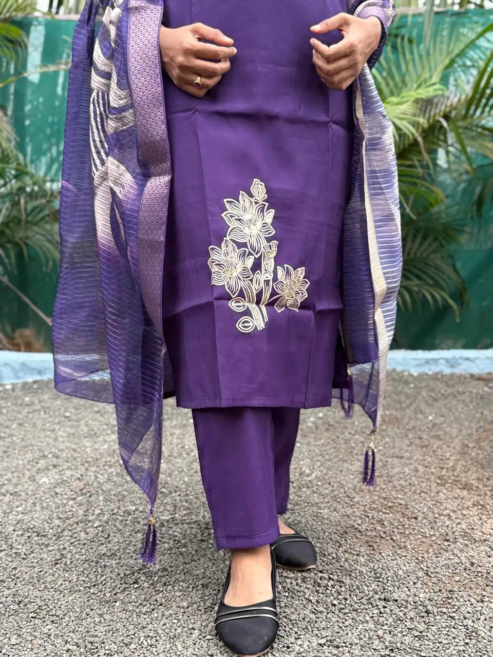 Purple color muslin silk straight kurta set with embroidery work