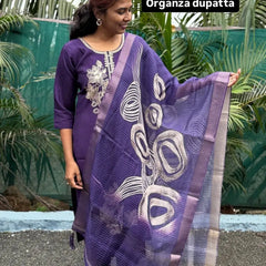 Purple color muslin silk straight kurta set with embroidery work