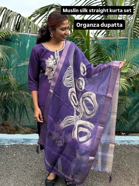 Purple color muslin silk straight kurta set with embroidery work