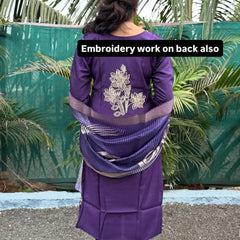 Purple color muslin silk straight kurta set with embroidery work