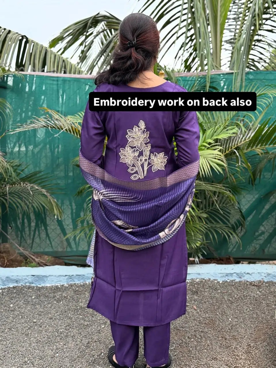 Purple color muslin silk straight kurta set with embroidery work