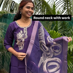 Purple color muslin silk straight kurta set with embroidery work