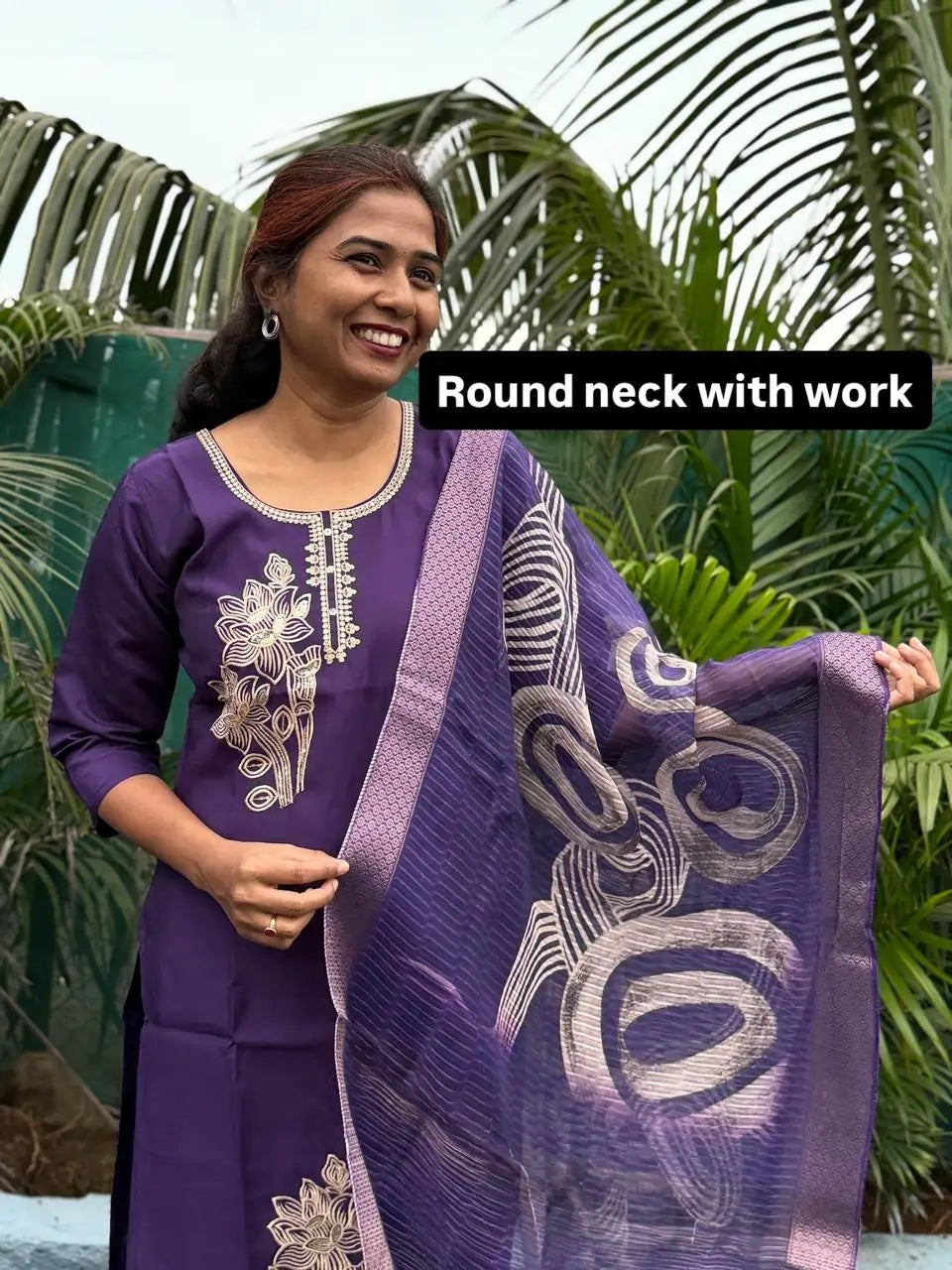 Purple color muslin silk straight kurta set with embroidery work