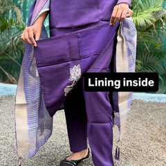 Purple color muslin silk straight kurta set with embroidery work