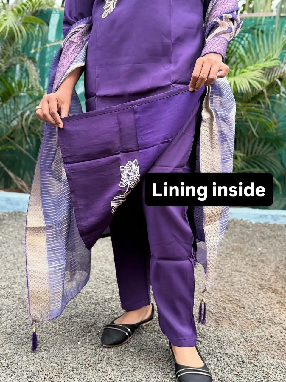 Purple color muslin silk straight kurta set with embroidery work