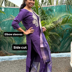 Purple color muslin silk straight kurta set with embroidery work