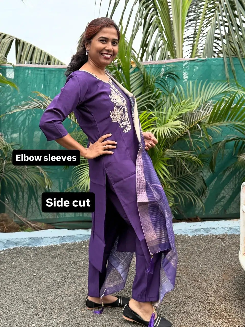 Purple color muslin silk straight kurta set with embroidery work