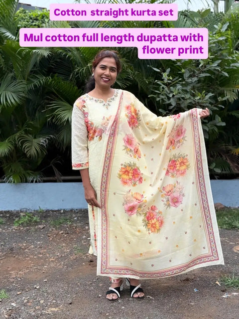 Cotton straight kurta set with flower print