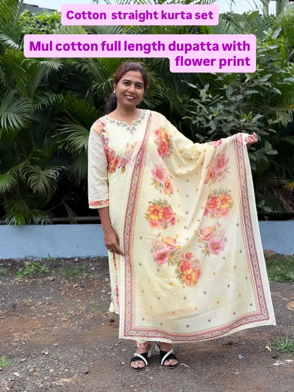 Cotton straight kurta set with flower print