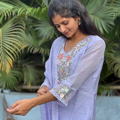 Lavender color straight kurta set with embroidery & handwork