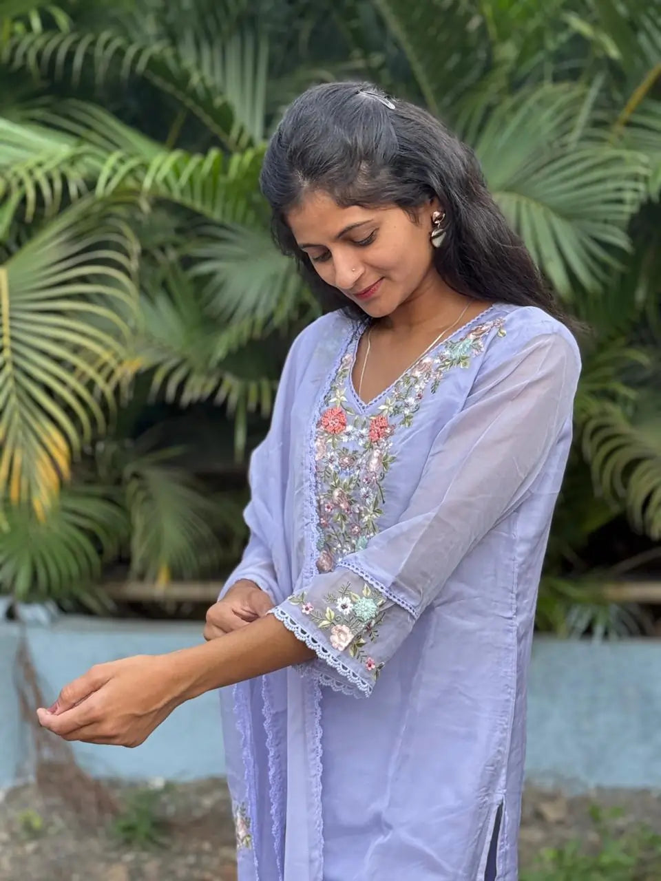 Lavender color straight kurta set with embroidery & handwork