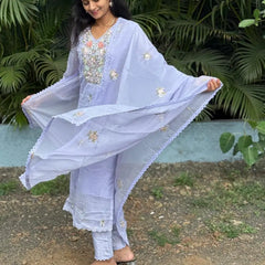 Lavender color straight kurta set with embroidery & handwork
