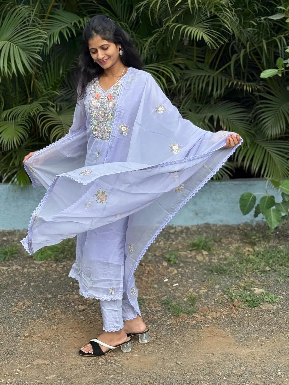 Lavender color straight kurta set with embroidery & handwork