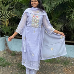 Lavender color straight kurta set with embroidery & handwork