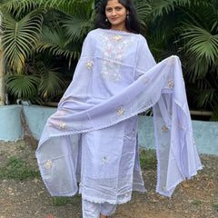 Lavender color straight kurta set with embroidery & handwork